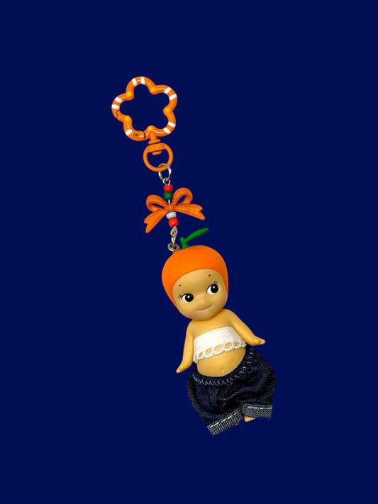 Orange Doll Bag Charm with flower carabiner clip